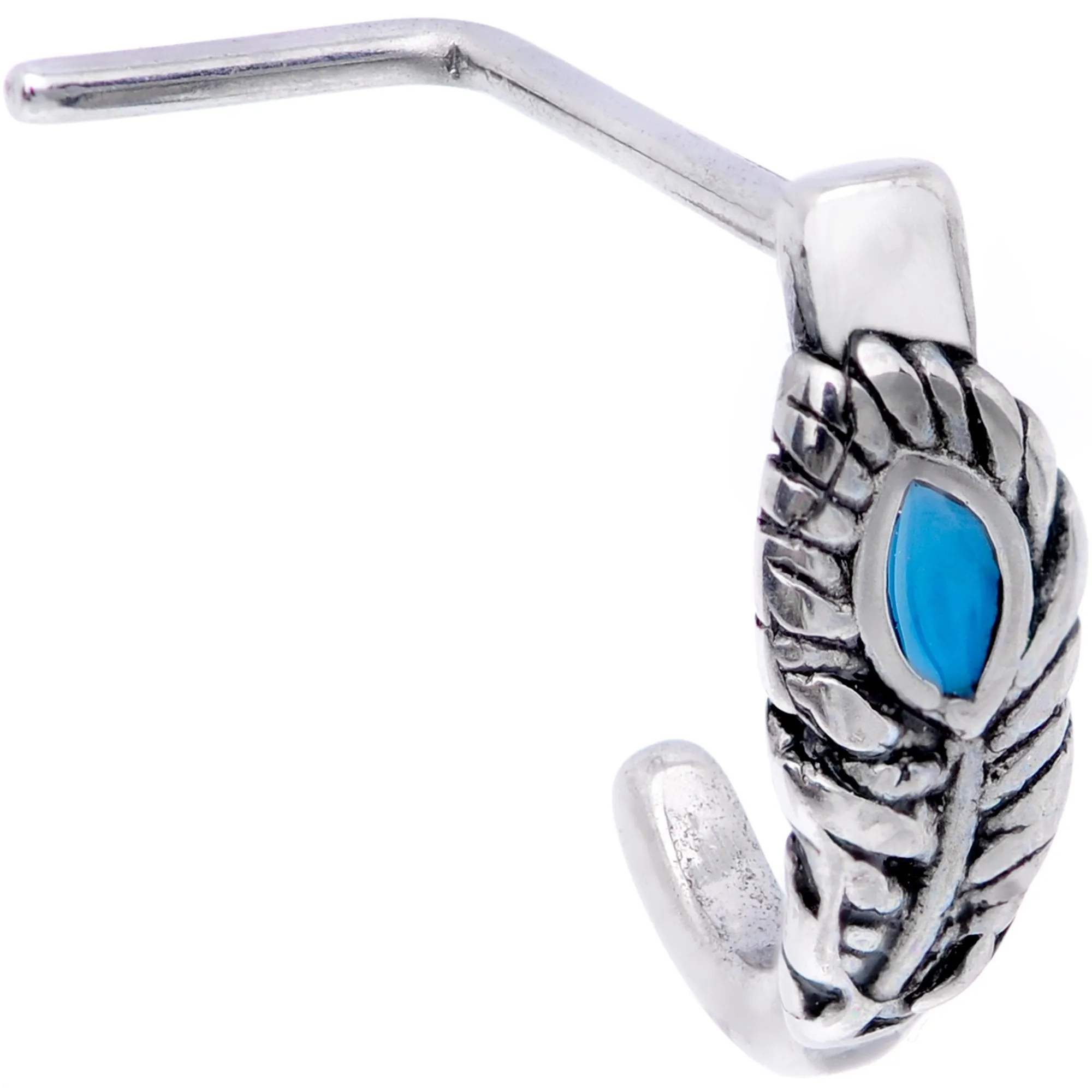 20 Gauge 1/4 Southwest Blue Feather Faux Hoop L Shaped Nose Hoop