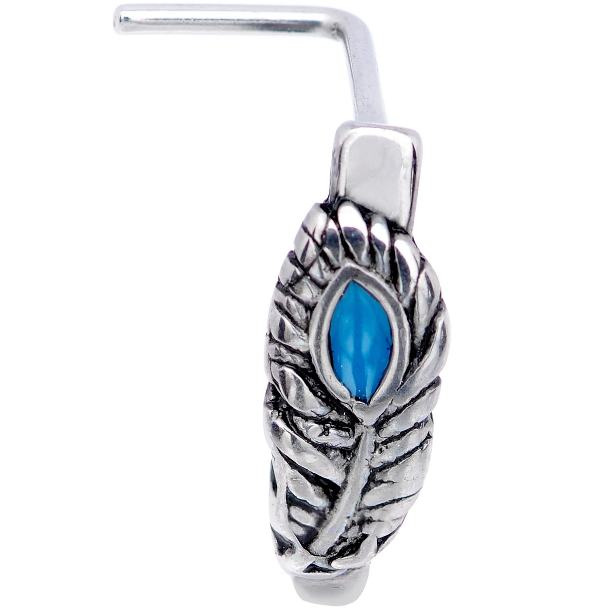 20 Gauge 1/4 Southwest Blue Feather Faux Hoop L Shaped Nose Hoop
