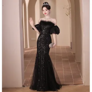 2025 Banquet evening dress 2025 new tube top light luxury black feather waist fishtail long dress art test sequined dress skirt