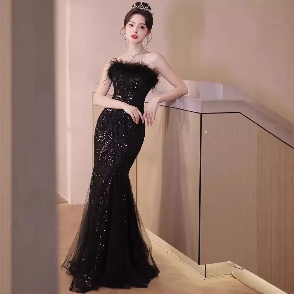 2025 Banquet evening dress 2025 new tube top light luxury black feather waist fishtail long dress art test sequined dress skirt
