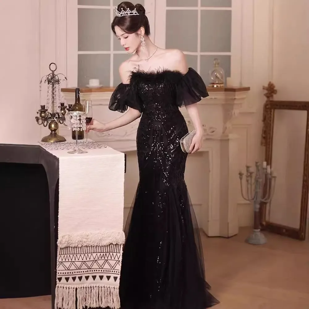 2025 Banquet evening dress 2025 new tube top light luxury black feather waist fishtail long dress art test sequined dress skirt