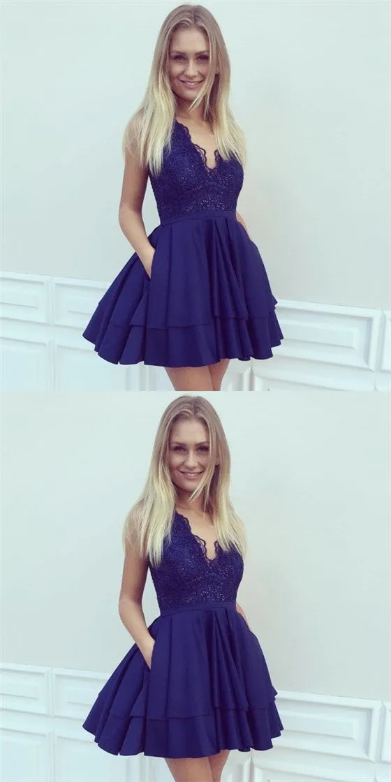 A-Line V-Neck Short Dark Blue Cheap Homecoming Dresses with Lace Pocket, QB0054