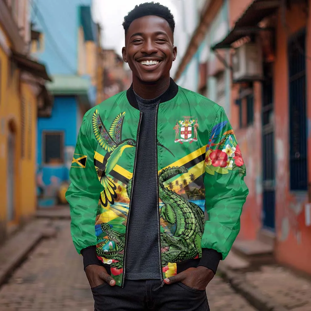 African Jamaica Personalized Bomber Jacket Hummingbird and Crocodiles Tropical LT9