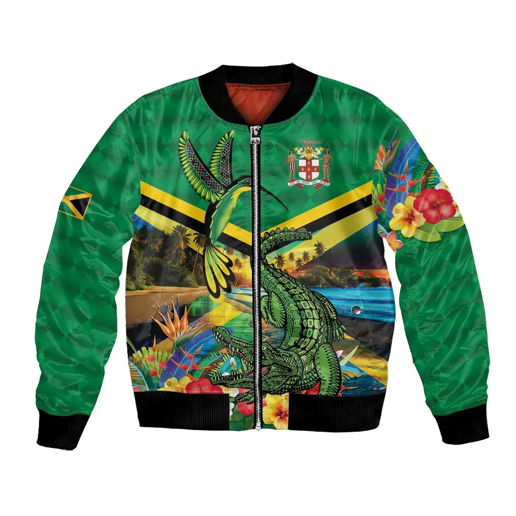 African Jamaica Personalized Bomber Jacket Hummingbird and Crocodiles Tropical LT9