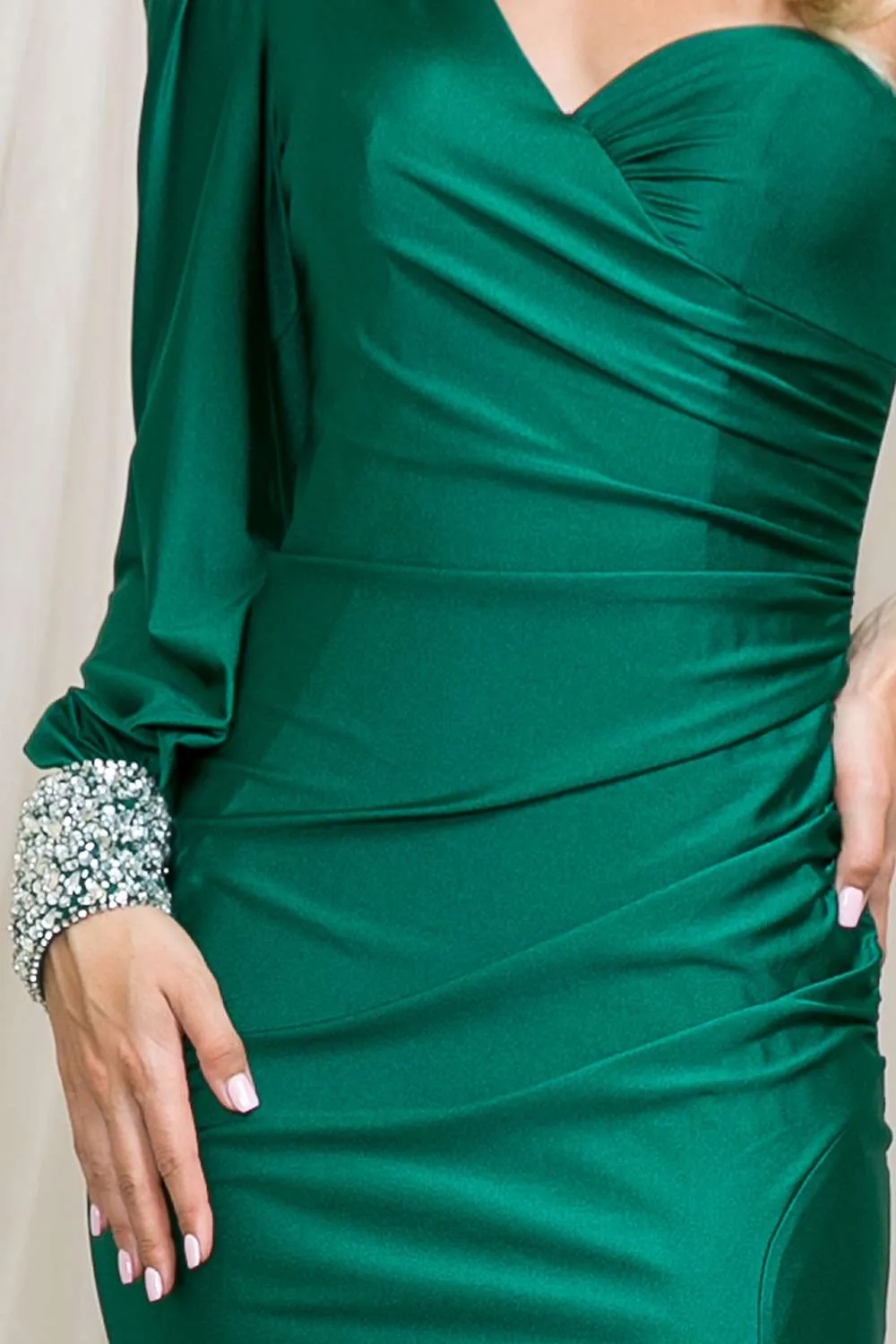 Amelia Couture 2102 One Shoulder Long Bishop Sleeve Evening Gown