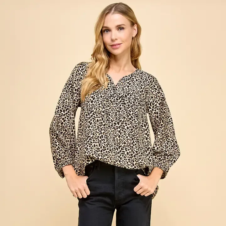 Animal Printed Tan VNeck Blouse