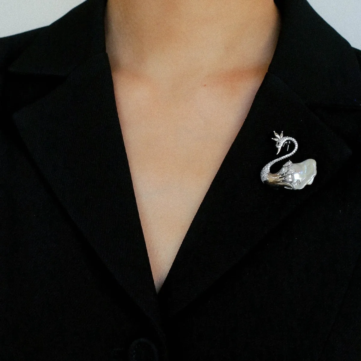 Baroque Pearl and Zirconia Swan Brooch