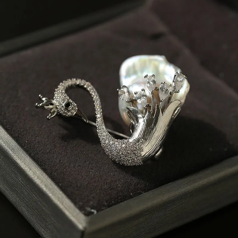 Baroque Pearl and Zirconia Swan Brooch
