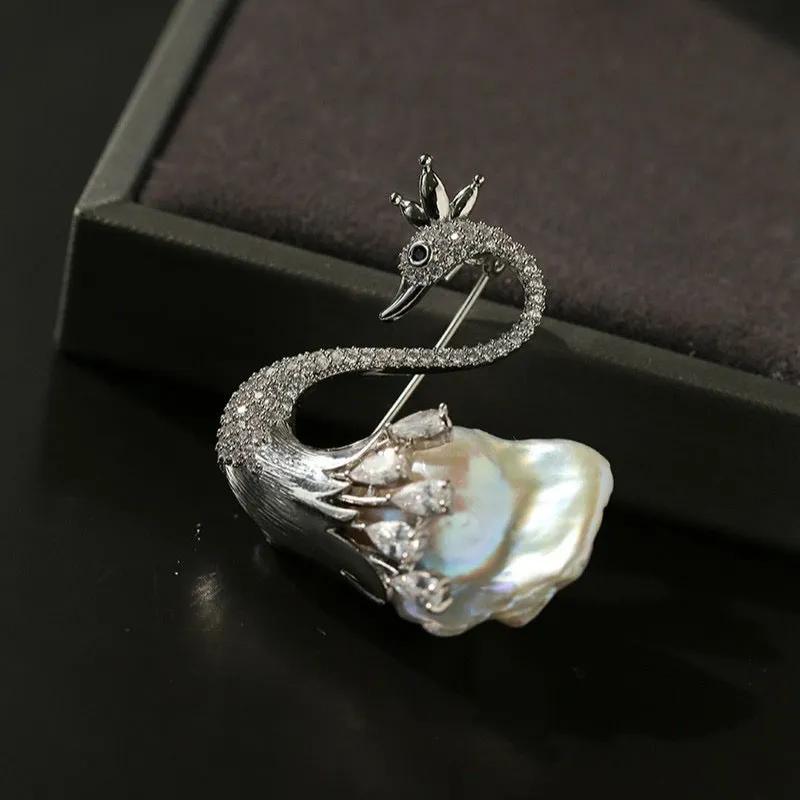 Baroque Pearl and Zirconia Swan Brooch