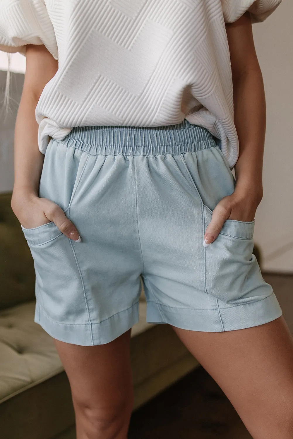 Bianca Light Wash Pocketed Wide Leg Shorts.