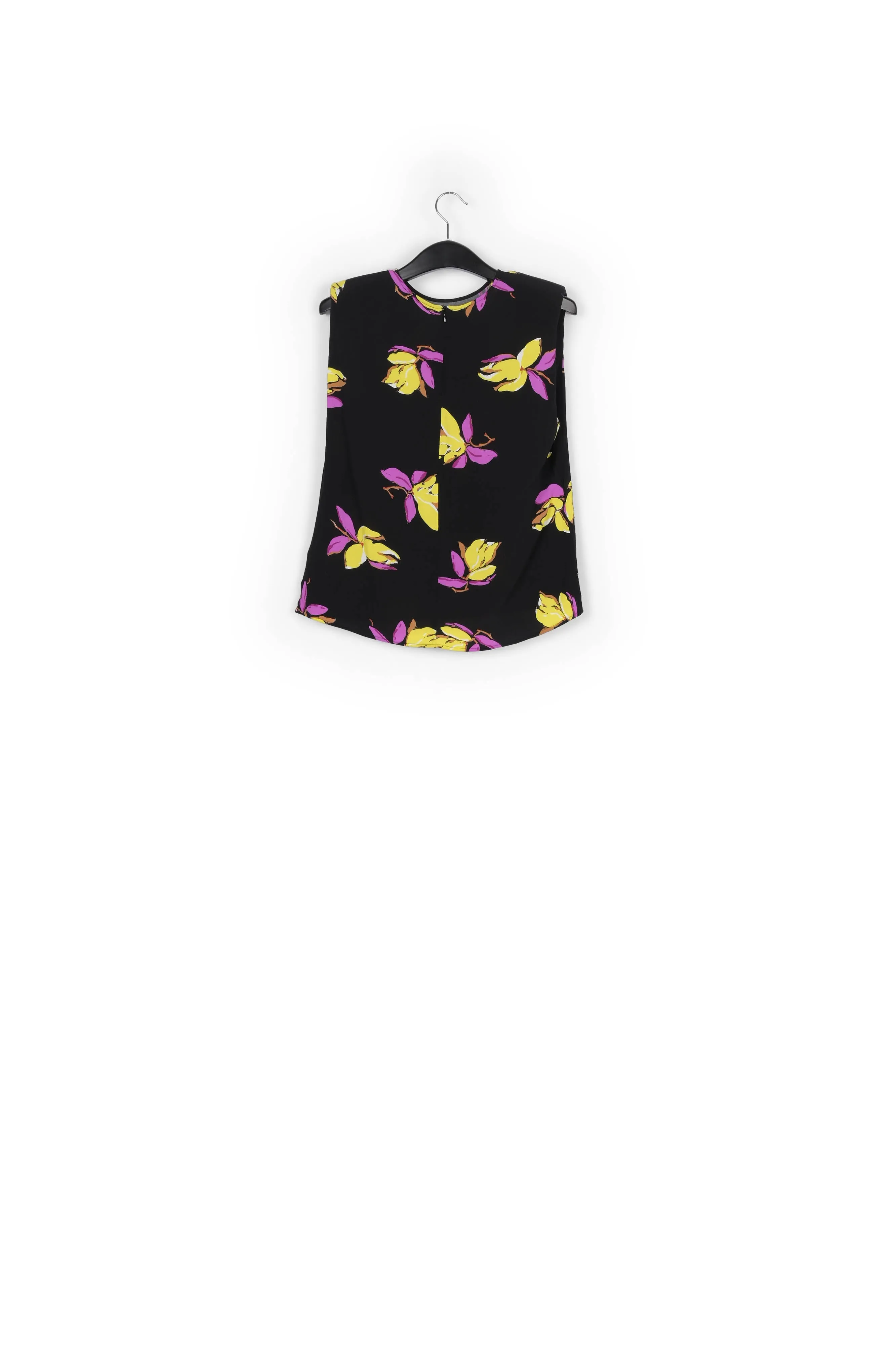 Black floral-print sleeveless top with padded shoulders