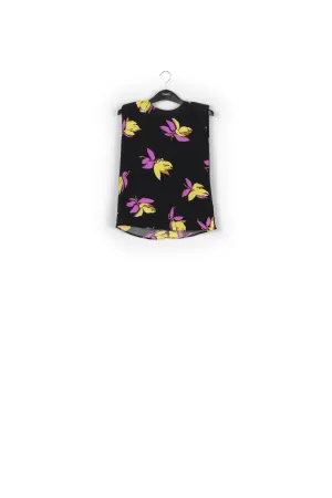 Black floral-print sleeveless top with padded shoulders