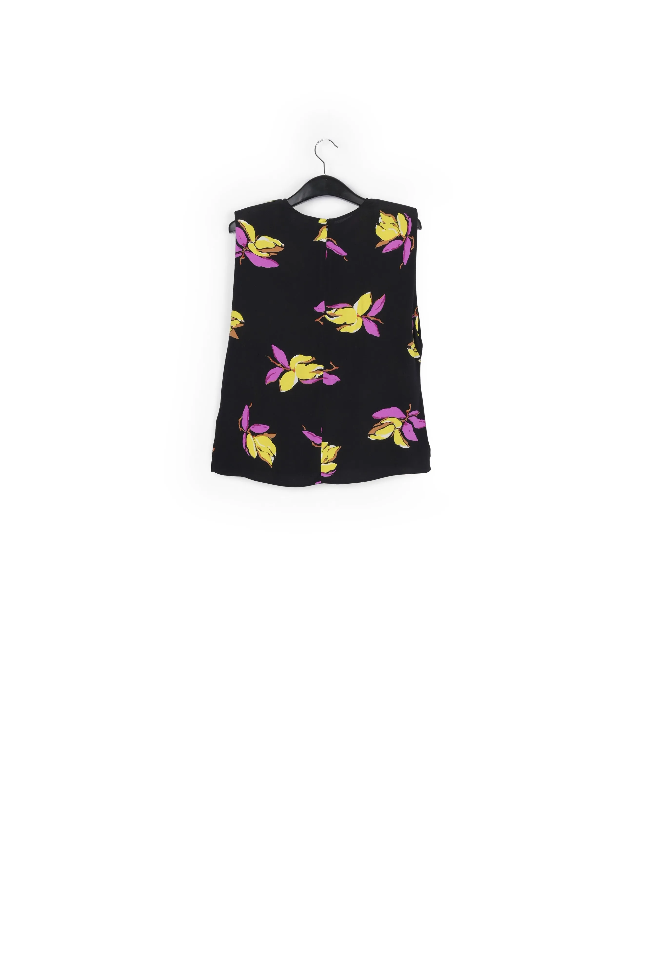 Black floral-print sleeveless top with padded shoulders