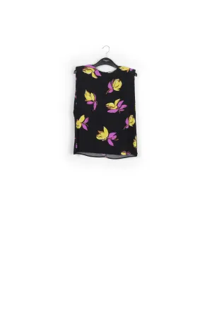 Black floral-print sleeveless top with padded shoulders