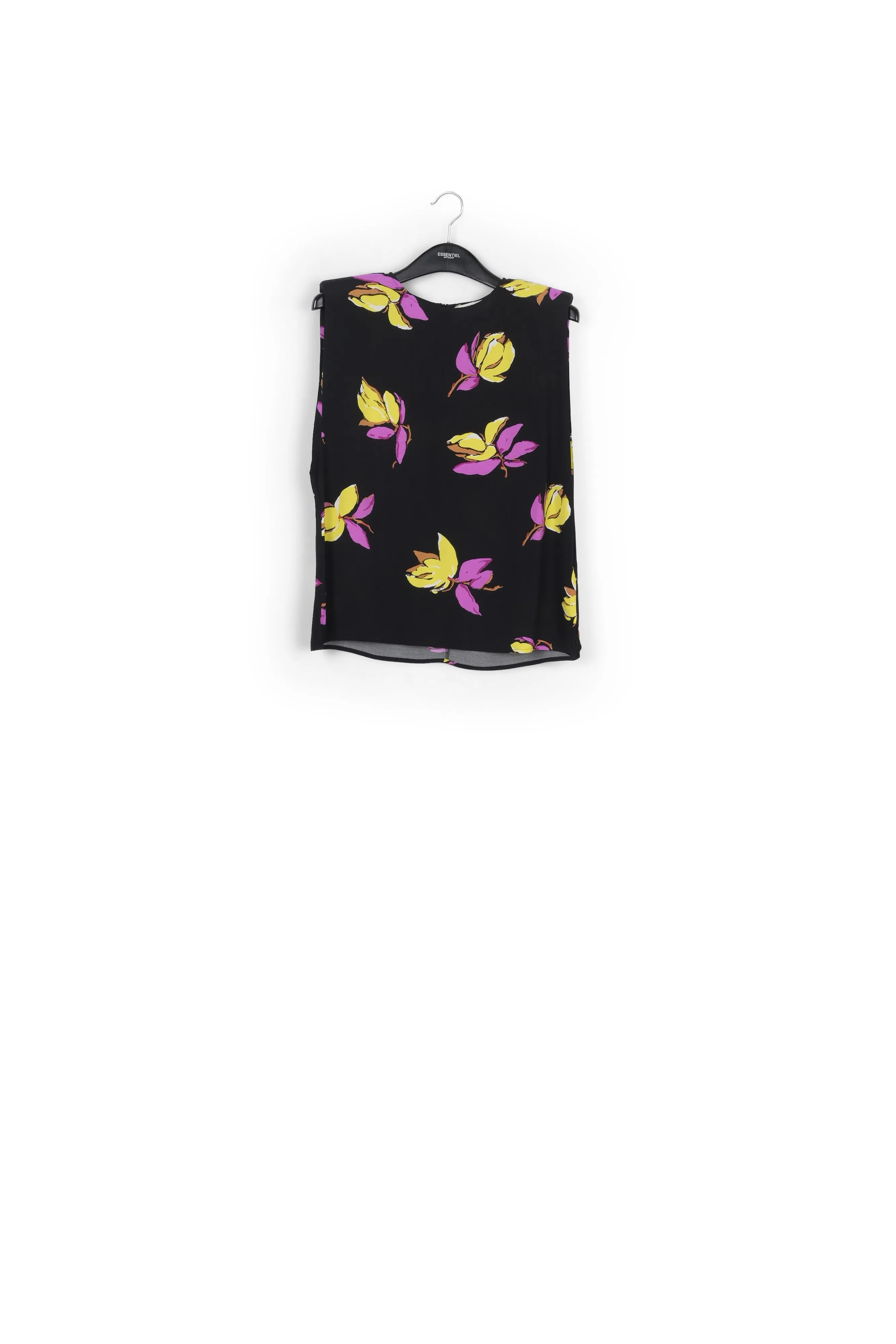 Black floral-print sleeveless top with padded shoulders