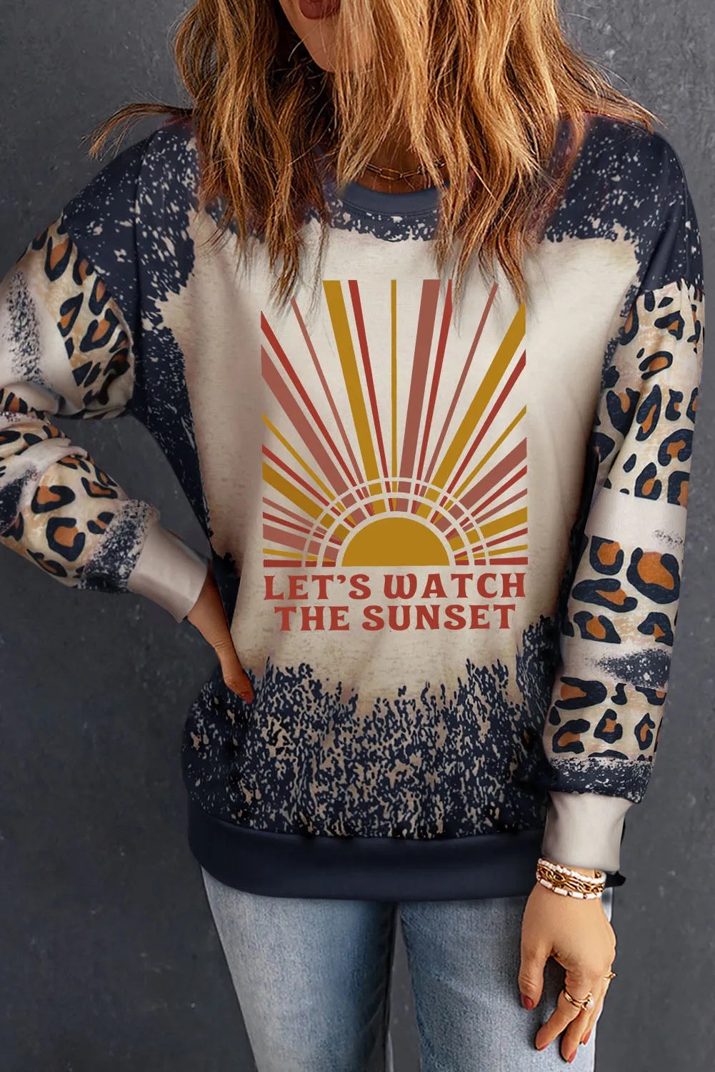 Black LET\'S WATCH THE SUNSET Tie Dye Leopard Sweatshirt