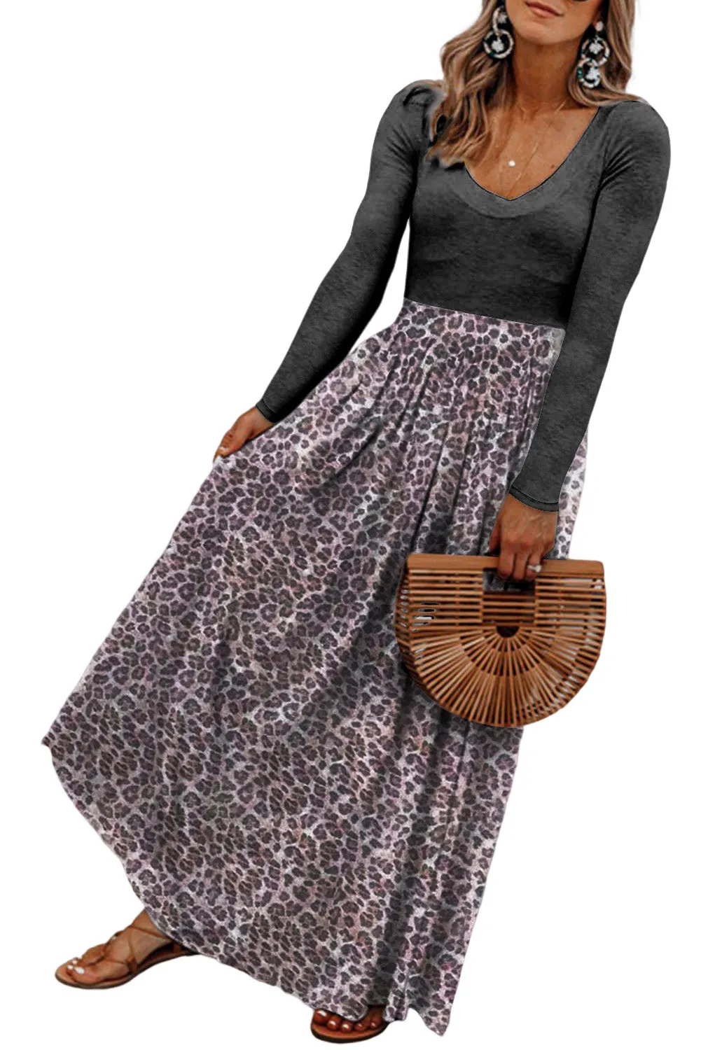 Black Long Sleeve Fitted Bodice Leopard Maxi Dress