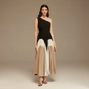 Black Satin Gathered shoulder Pleated Skirt Dress