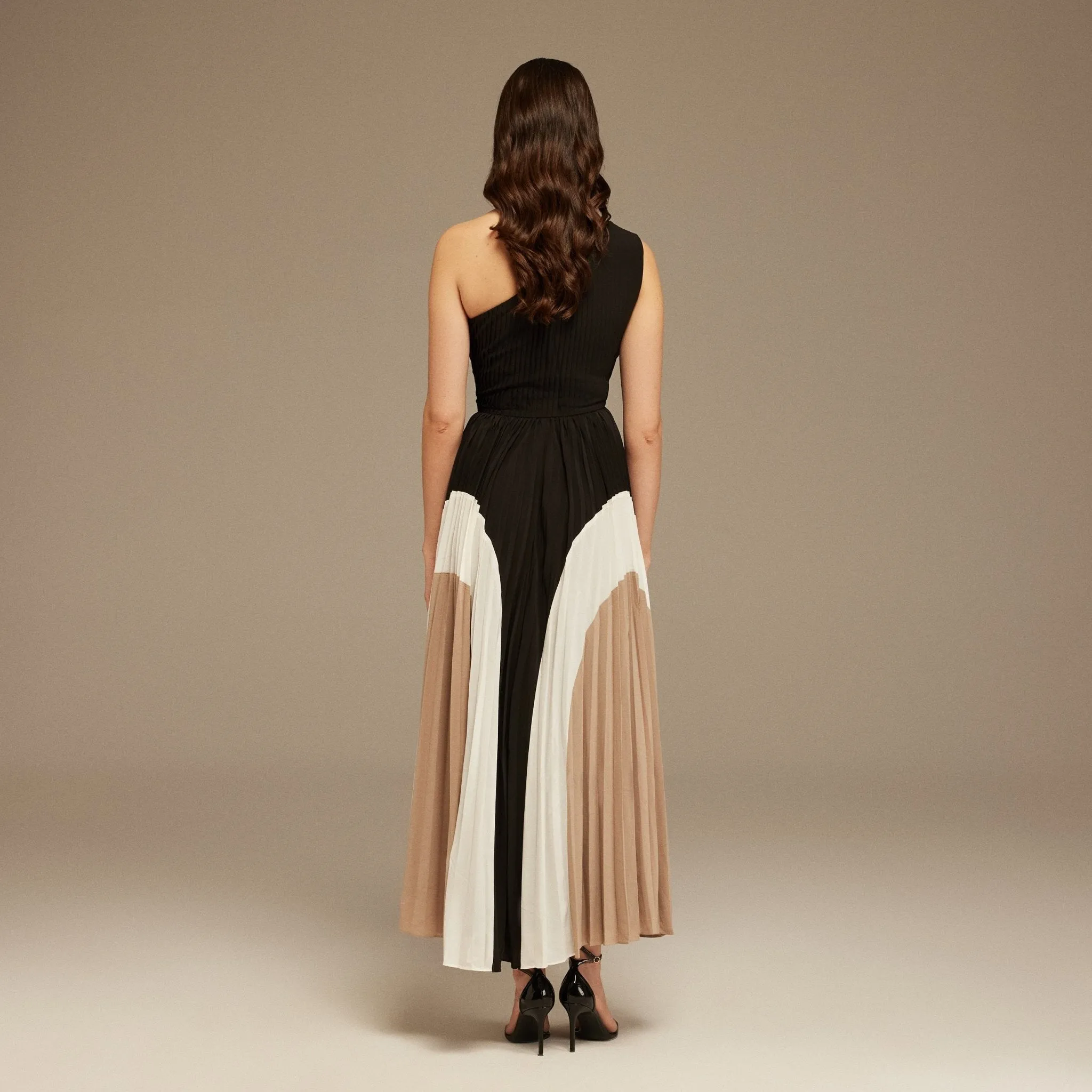 Black Satin Gathered shoulder Pleated Skirt Dress