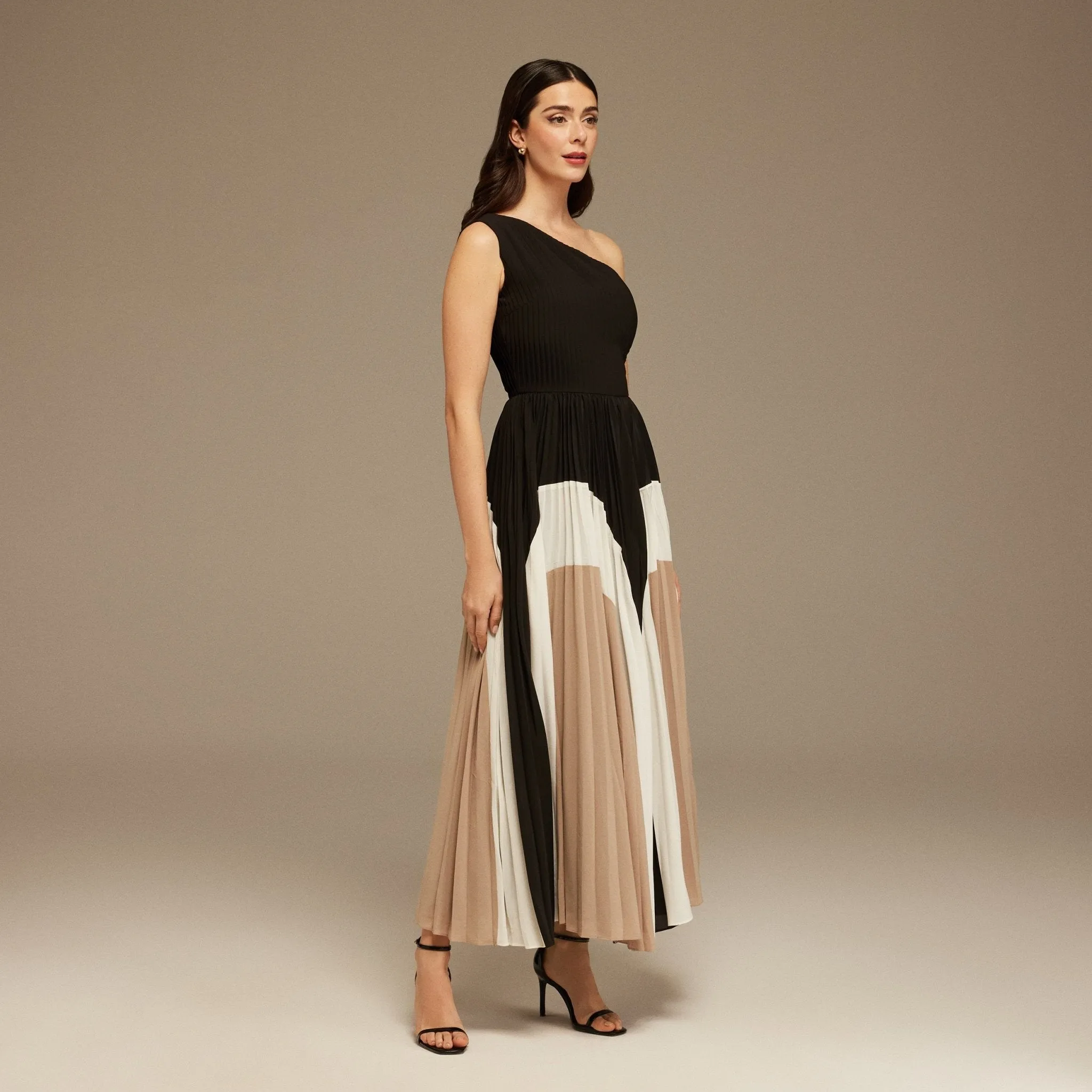 Black Satin Gathered shoulder Pleated Skirt Dress
