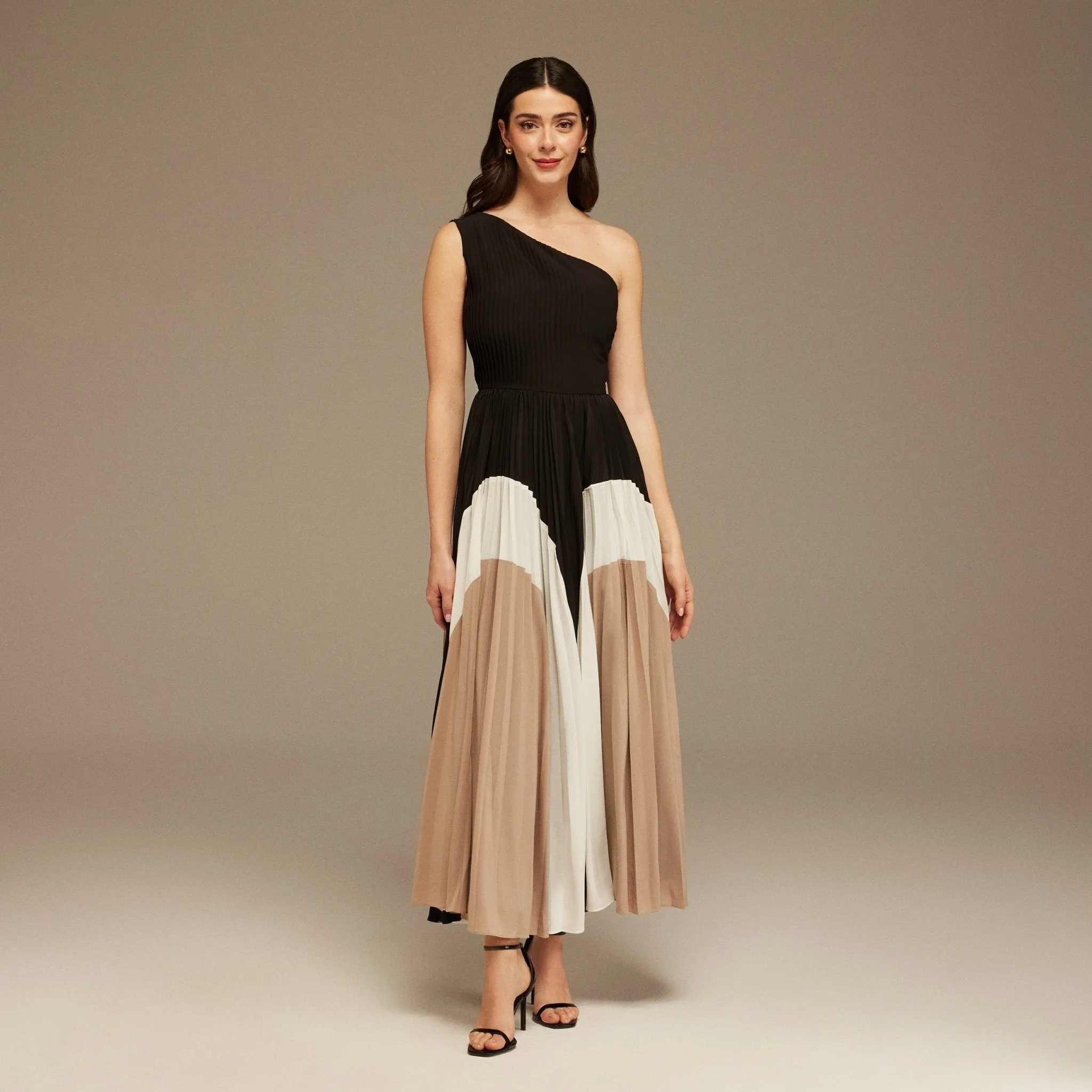 Black Satin Gathered shoulder Pleated Skirt Dress