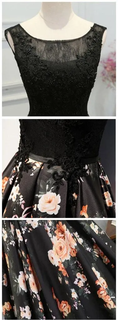 Black Scoop Neck Lace Bodice A-line Long Evening Prom Dresses, TYP0383