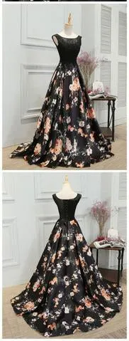 Black Scoop Neck Lace Bodice A-line Long Evening Prom Dresses, TYP0383