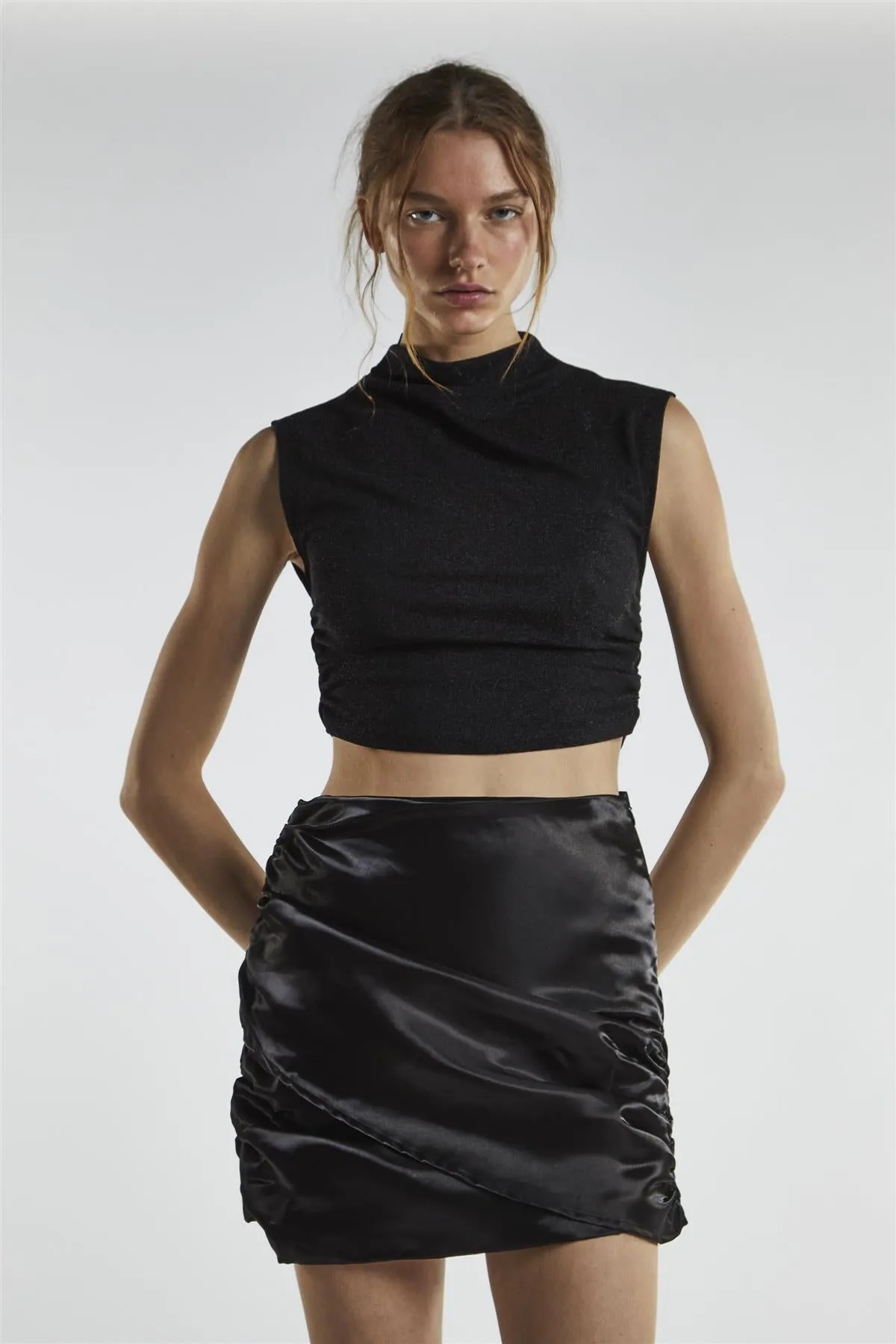 Black-Shimmer Ruched Mini-Skirt