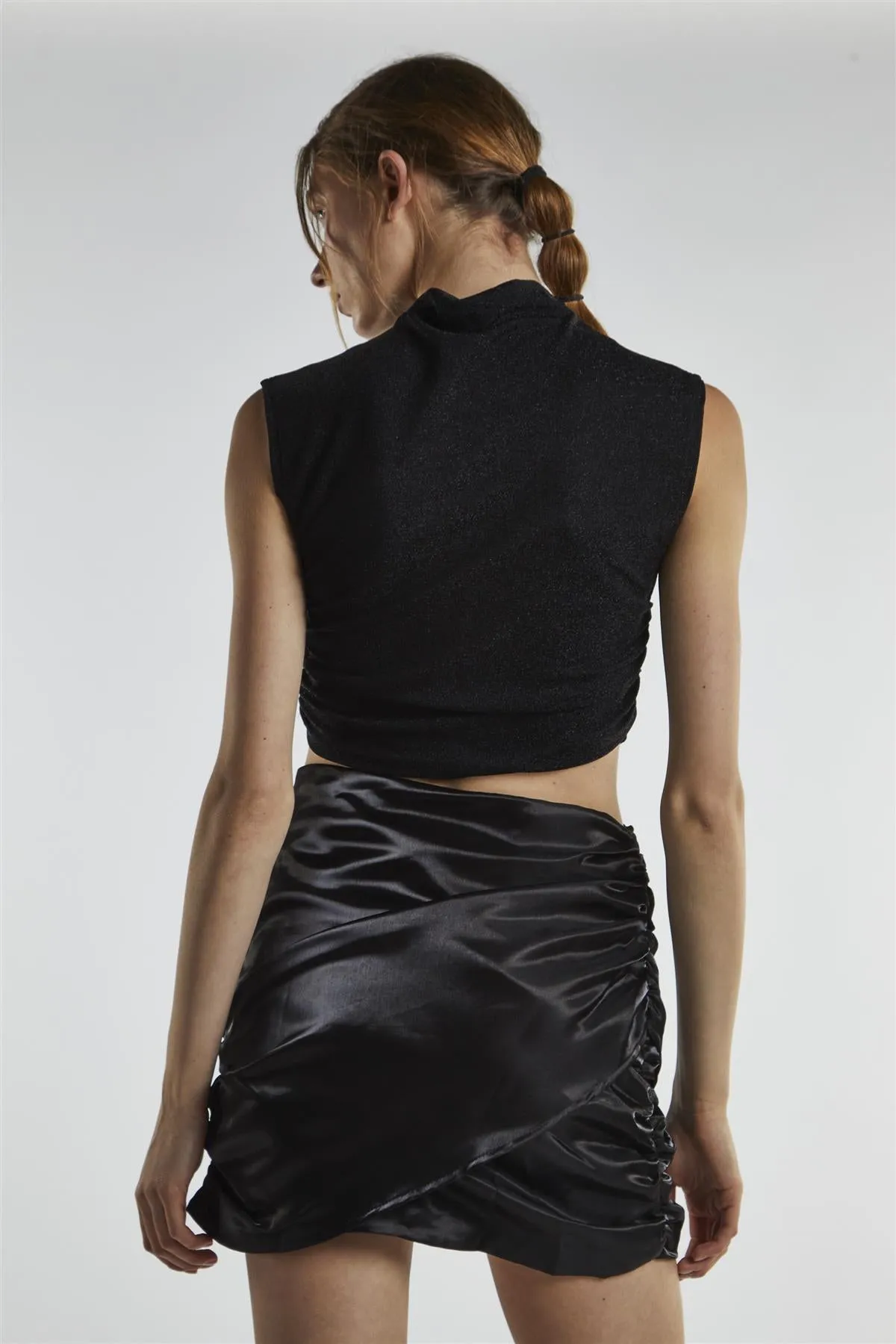 Black-Shimmer Ruched Mini-Skirt