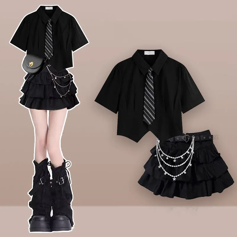Black shirt   Short Skirt Two-piece Set UB99257