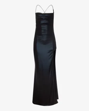 Black Viscose High Slit Midi Dress