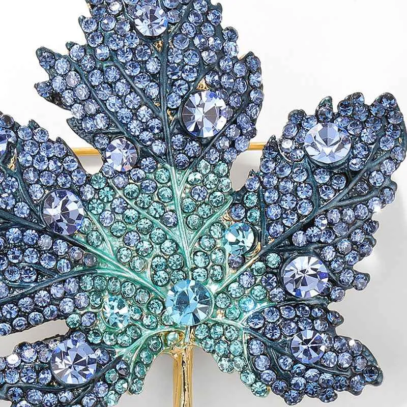 Blue Maple Leaf Brooch Diamond Accented Pin for Coats Suits