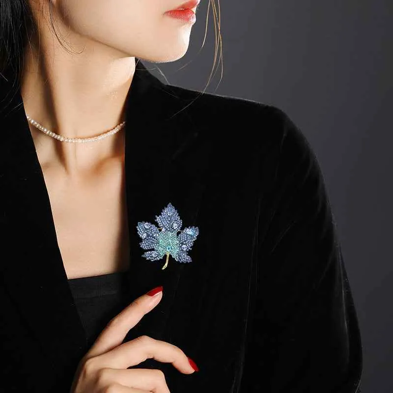 Blue Maple Leaf Brooch Diamond Accented Pin for Coats Suits