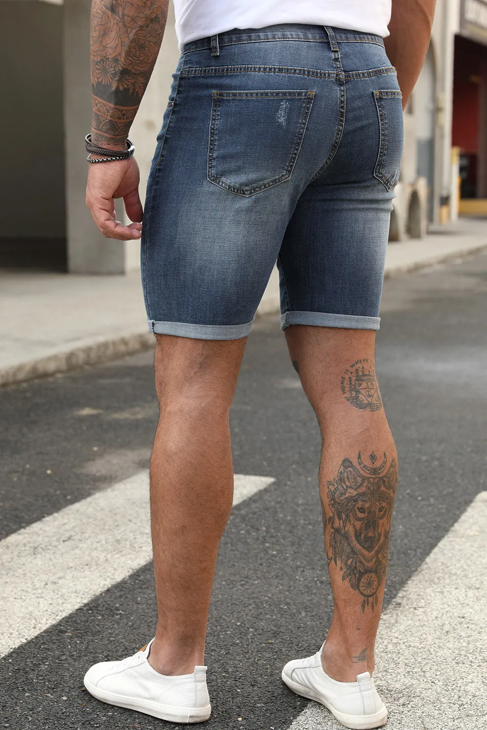 Blue Slim-fit Distressed Men's Denim Shorts