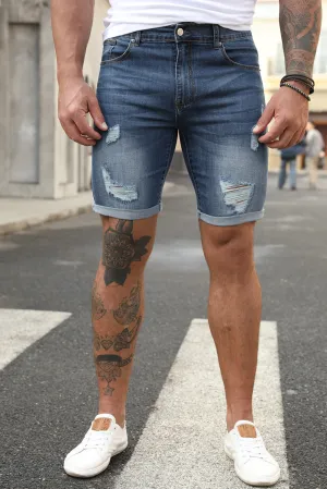Blue Slim-fit Distressed Men's Denim Shorts