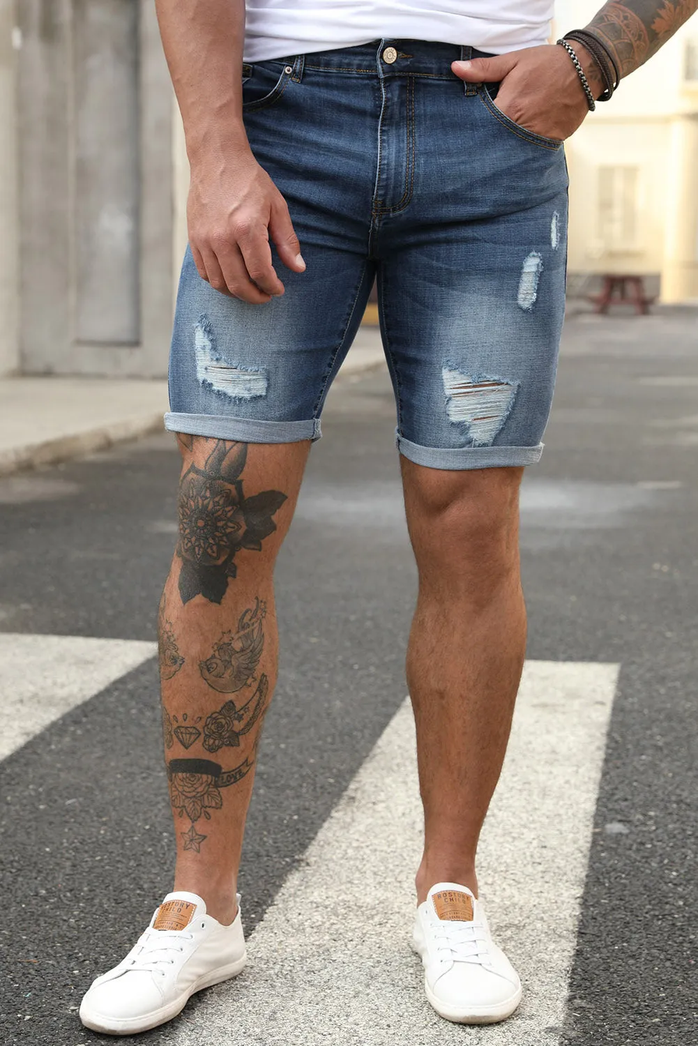 Blue Slim-fit Distressed Men's Denim Shorts