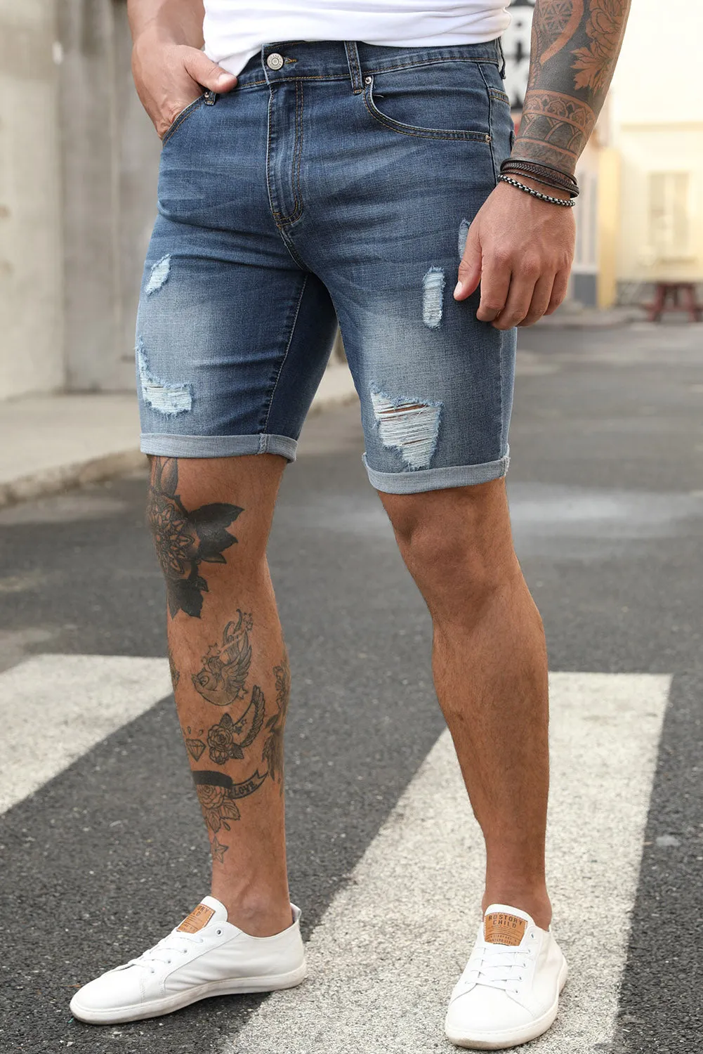 Blue Slim-fit Distressed Men's Denim Shorts