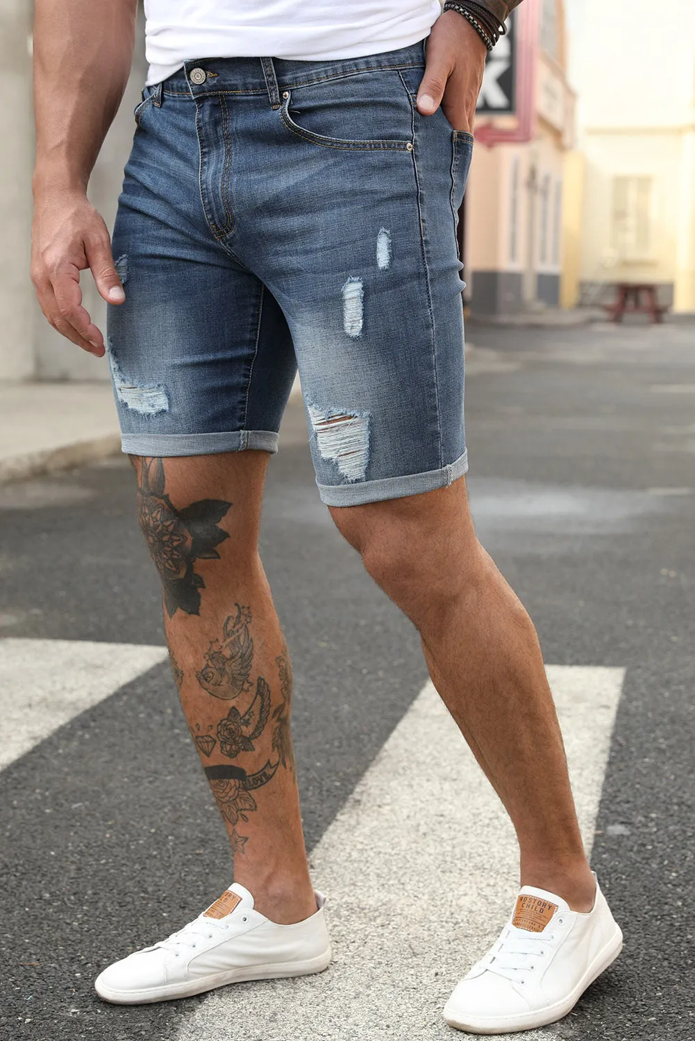 Blue Slim-fit Distressed Men's Denim Shorts