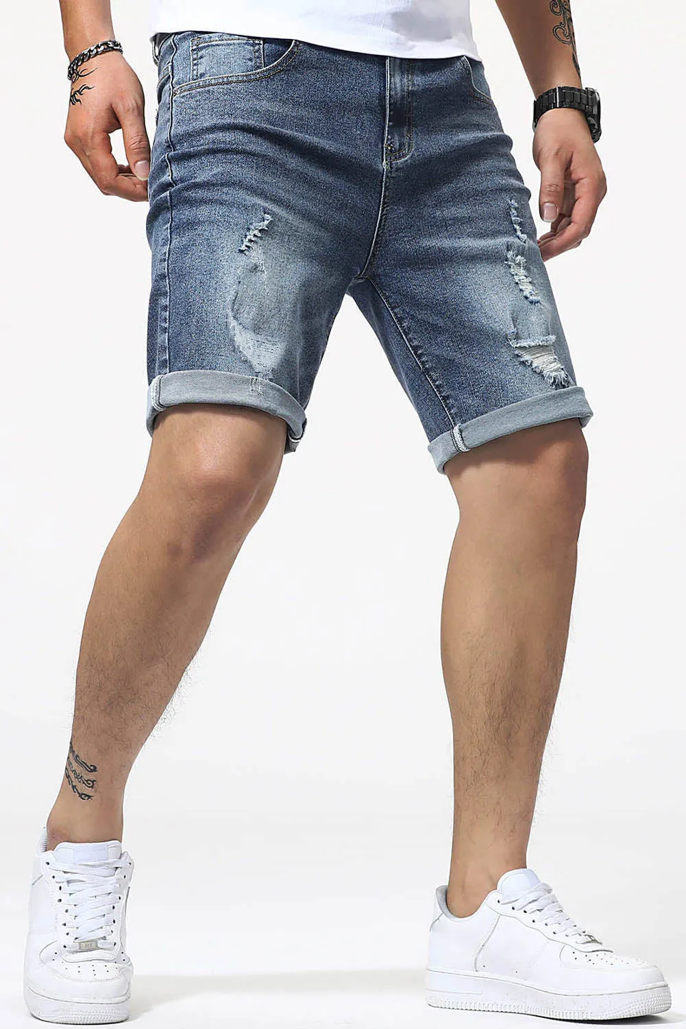 Blue Slim-fit Distressed Men's Denim Shorts