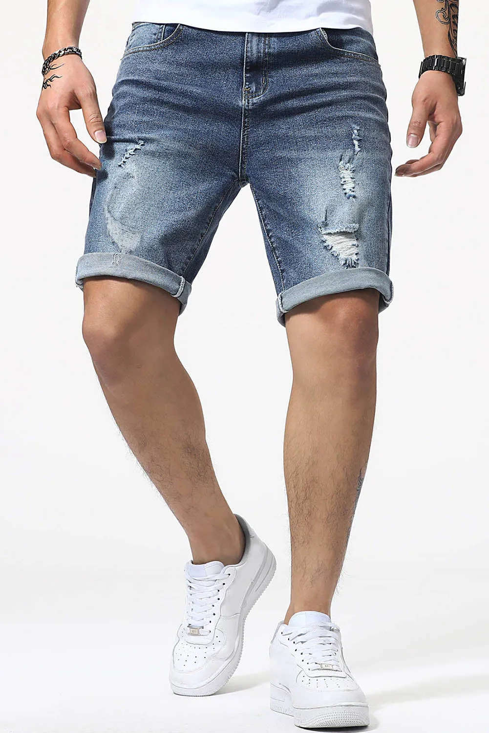 Blue Slim-fit Distressed Men's Denim Shorts