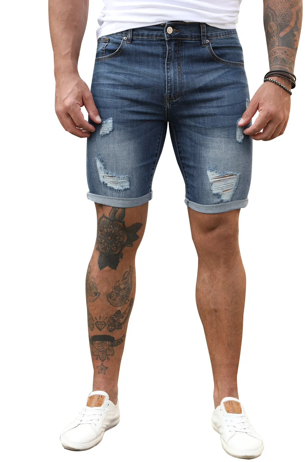 Blue Slim-fit Distressed Men's Denim Shorts