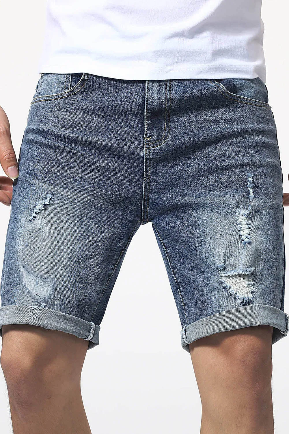 Blue Slim-fit Distressed Men's Denim Shorts