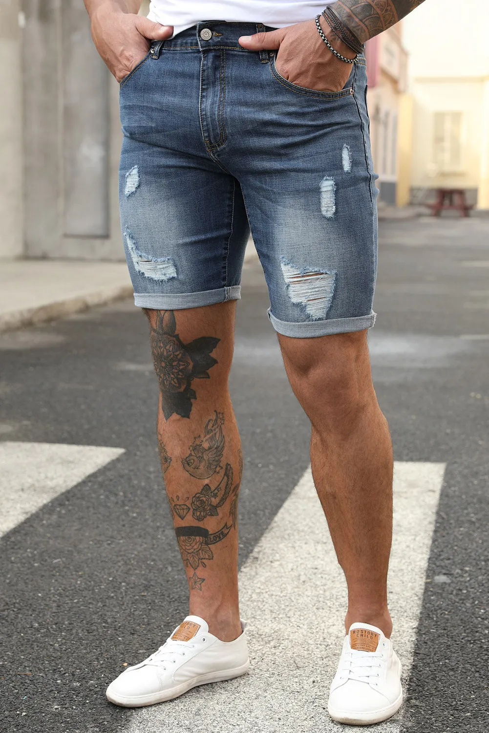 Blue Slim-fit Distressed Men's Denim Shorts