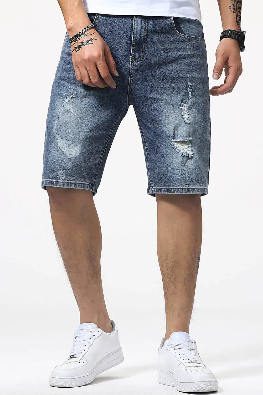 Blue Slim-fit Distressed Men's Denim Shorts