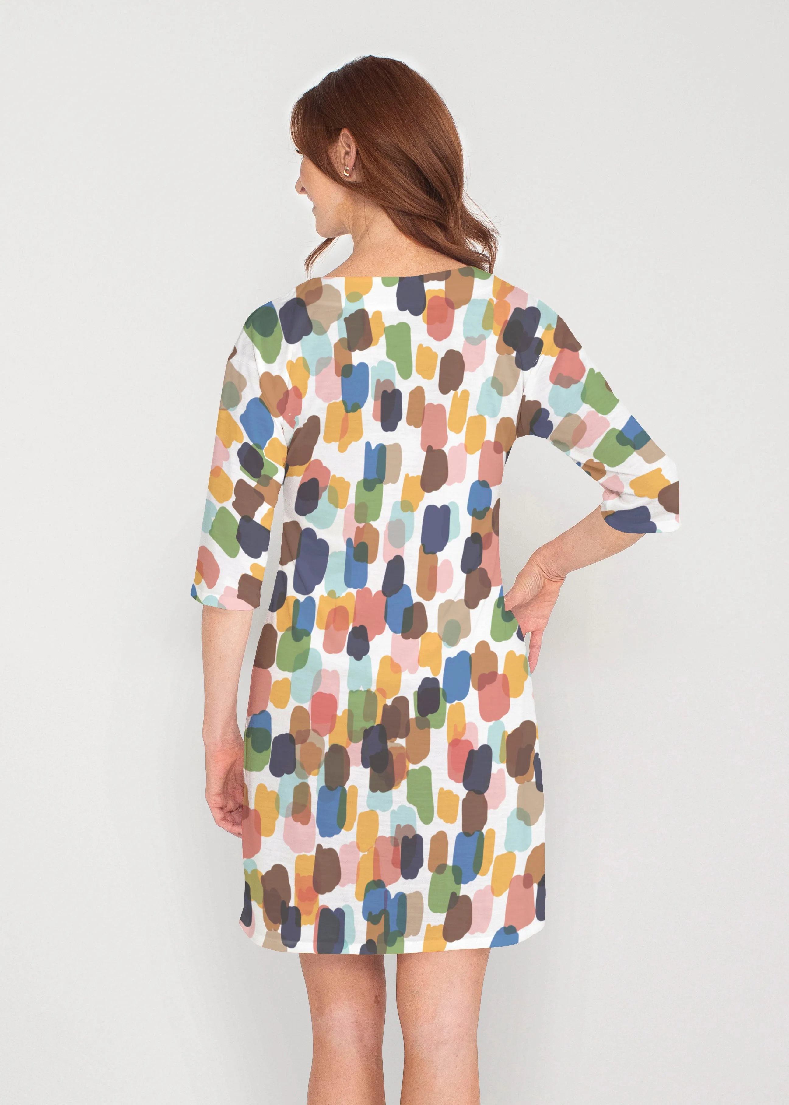Brushstroke Multi (14293) ~ Drop Shoulder 3/4 Sleeve V-Neck Dress