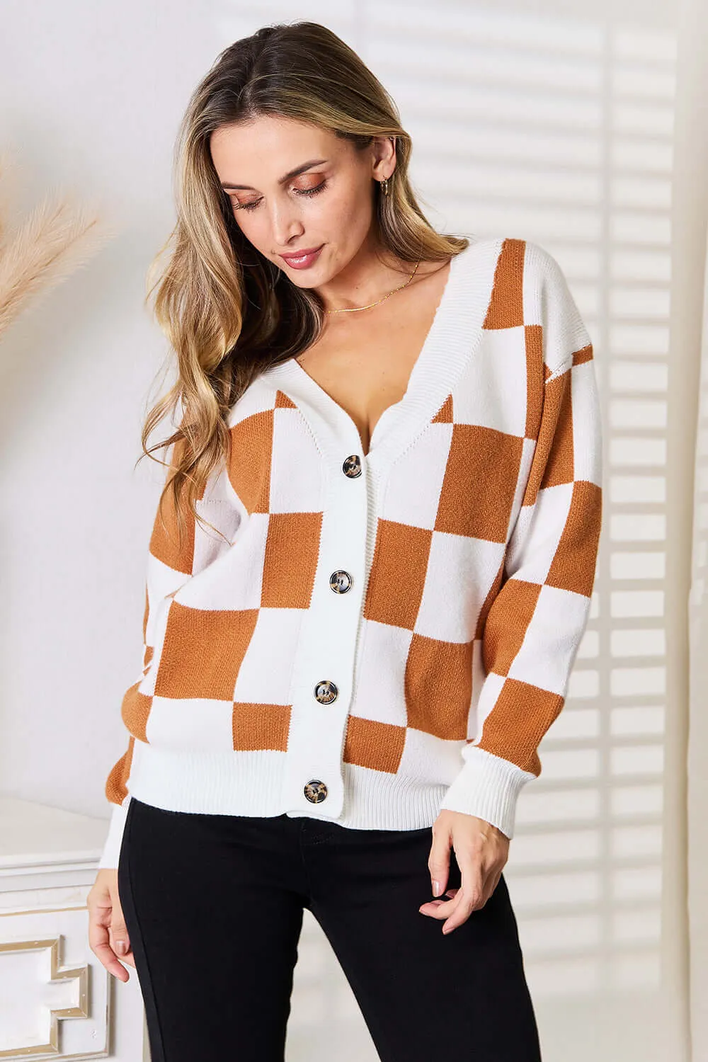 Button-Up V-Neck Dropped Shoulder Cardigan – Relaxed Fit