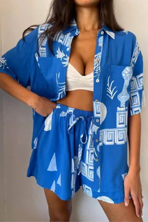 Casual Printed Shirt Lace-Up Elastic Shorts Set