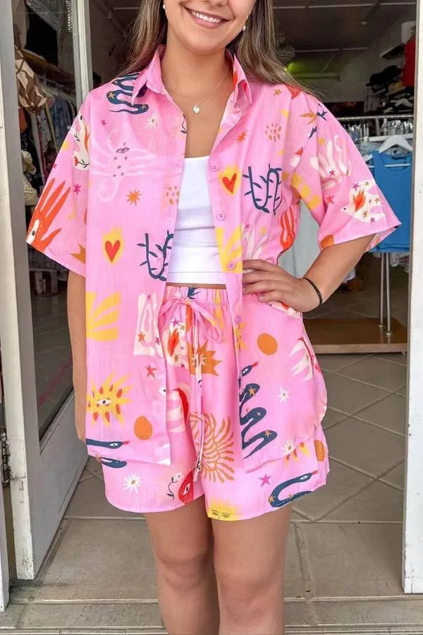 Casual Printed Shirt Lace-Up Elastic Shorts Set