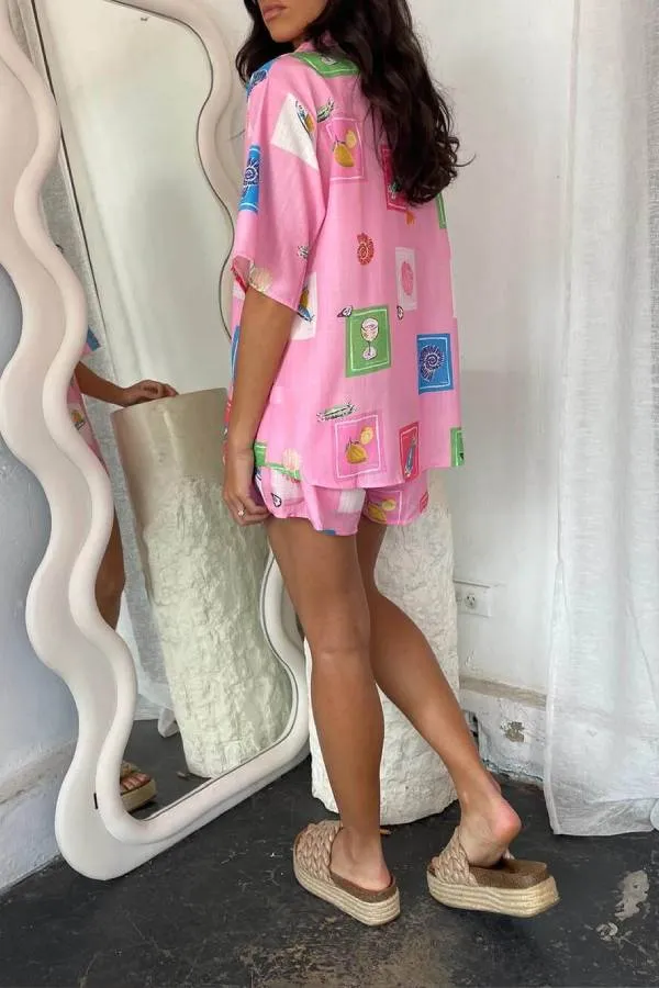 Casual Printed Shirt Lace-Up Elastic Shorts Set