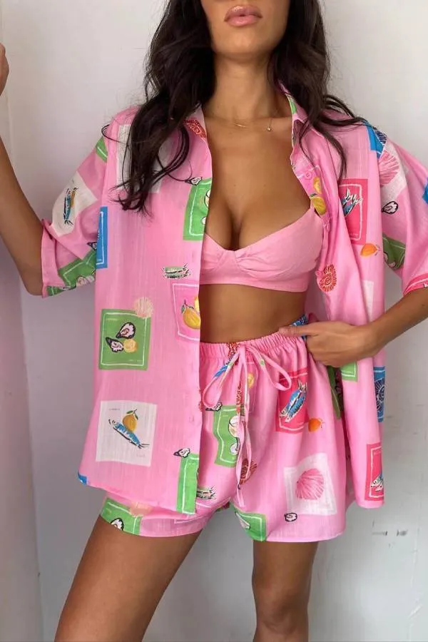 Casual Printed Shirt Lace-Up Elastic Shorts Set